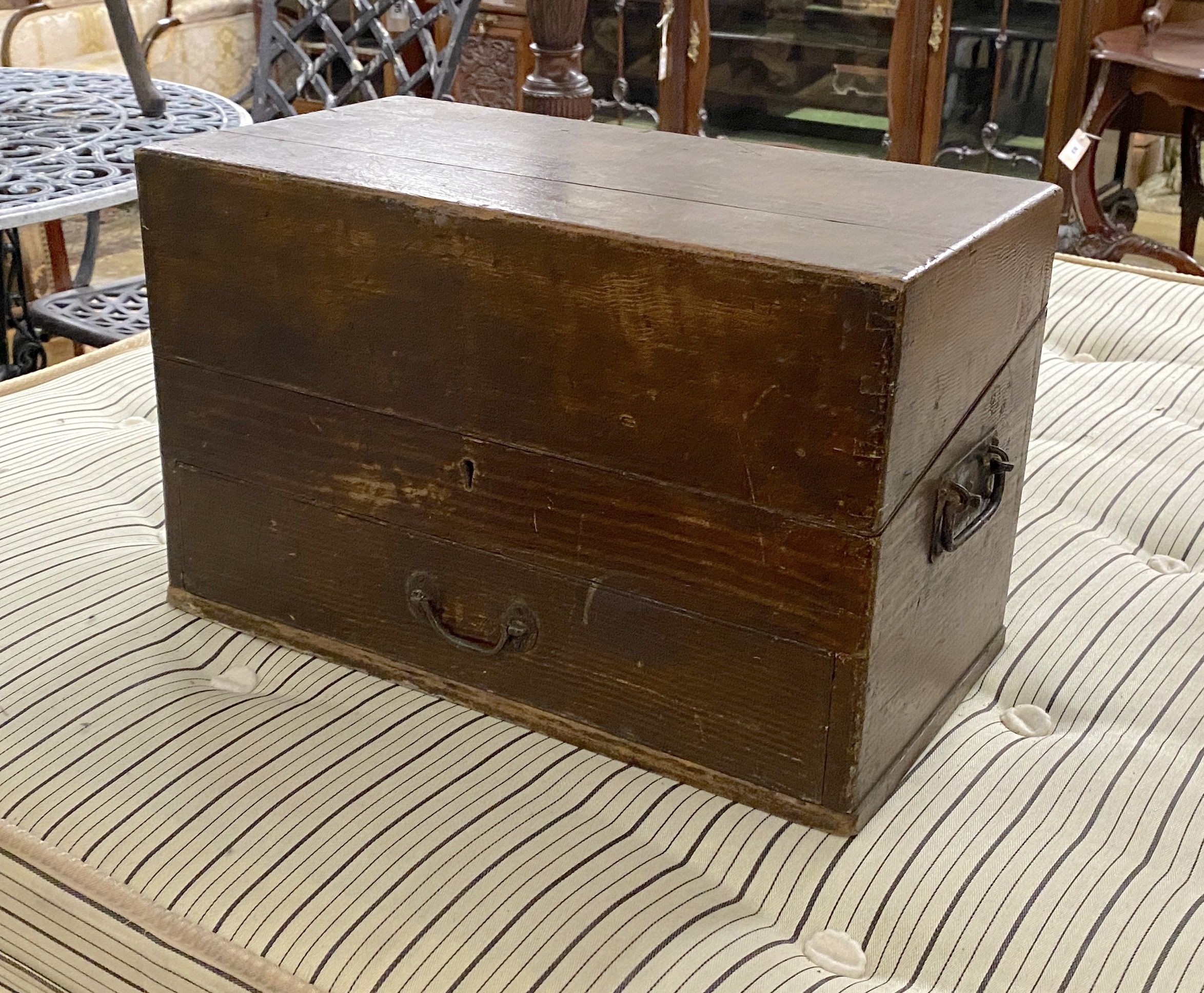 A Victorian apothecary chest with painted simulated grain fitted with assorted glass bottles and phials, width 46cm, depth 25cm, height 30cm